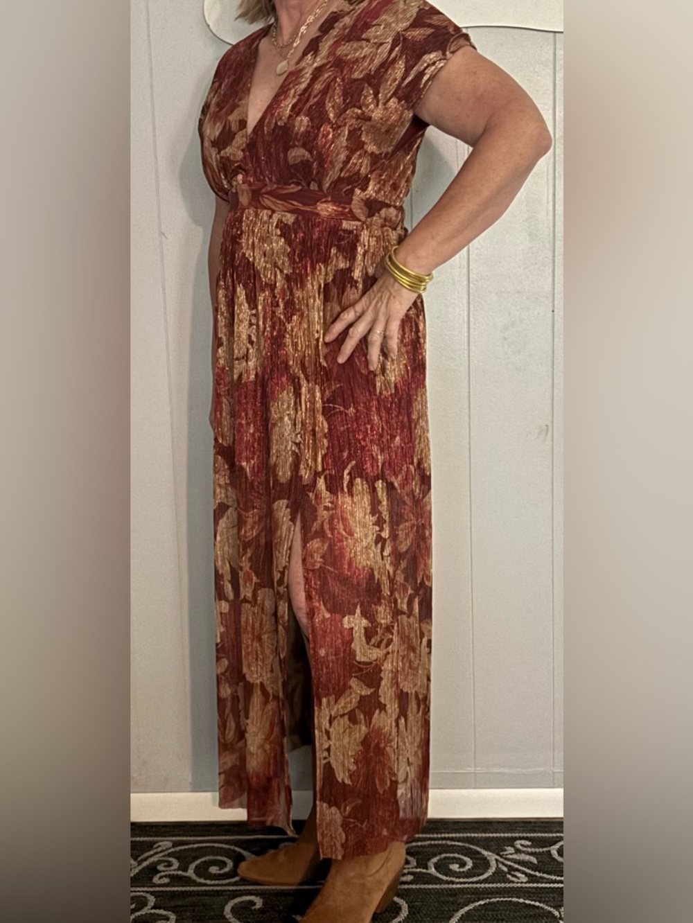 VICI Rust & Gold Floral Maxi Dress with Front Slit